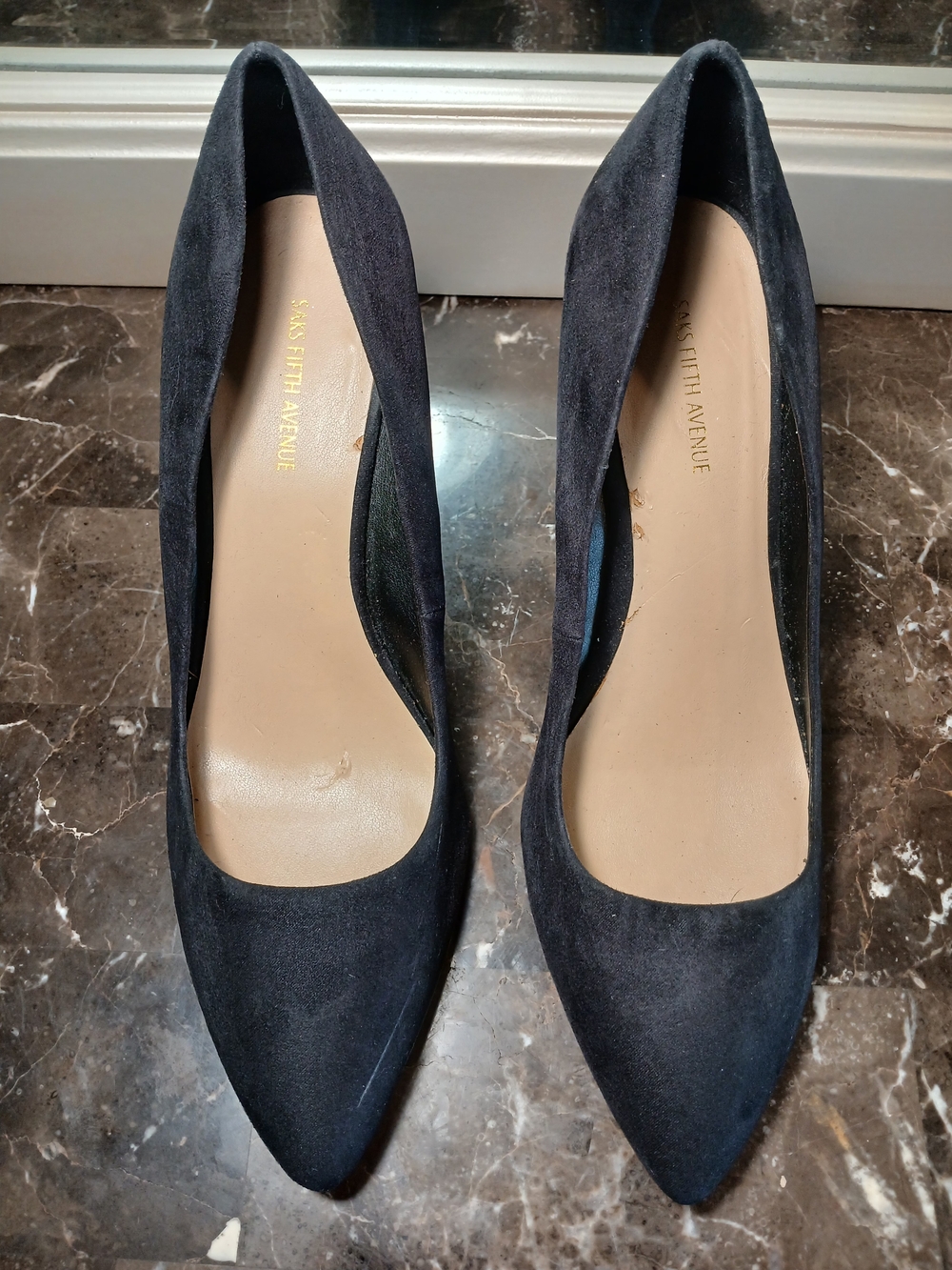 Saks Fifth Avenue Black Suede Pointed Wedge Pumps - Classic Style